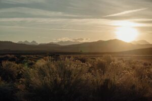 夕陽が山を照らす黄金色の風景